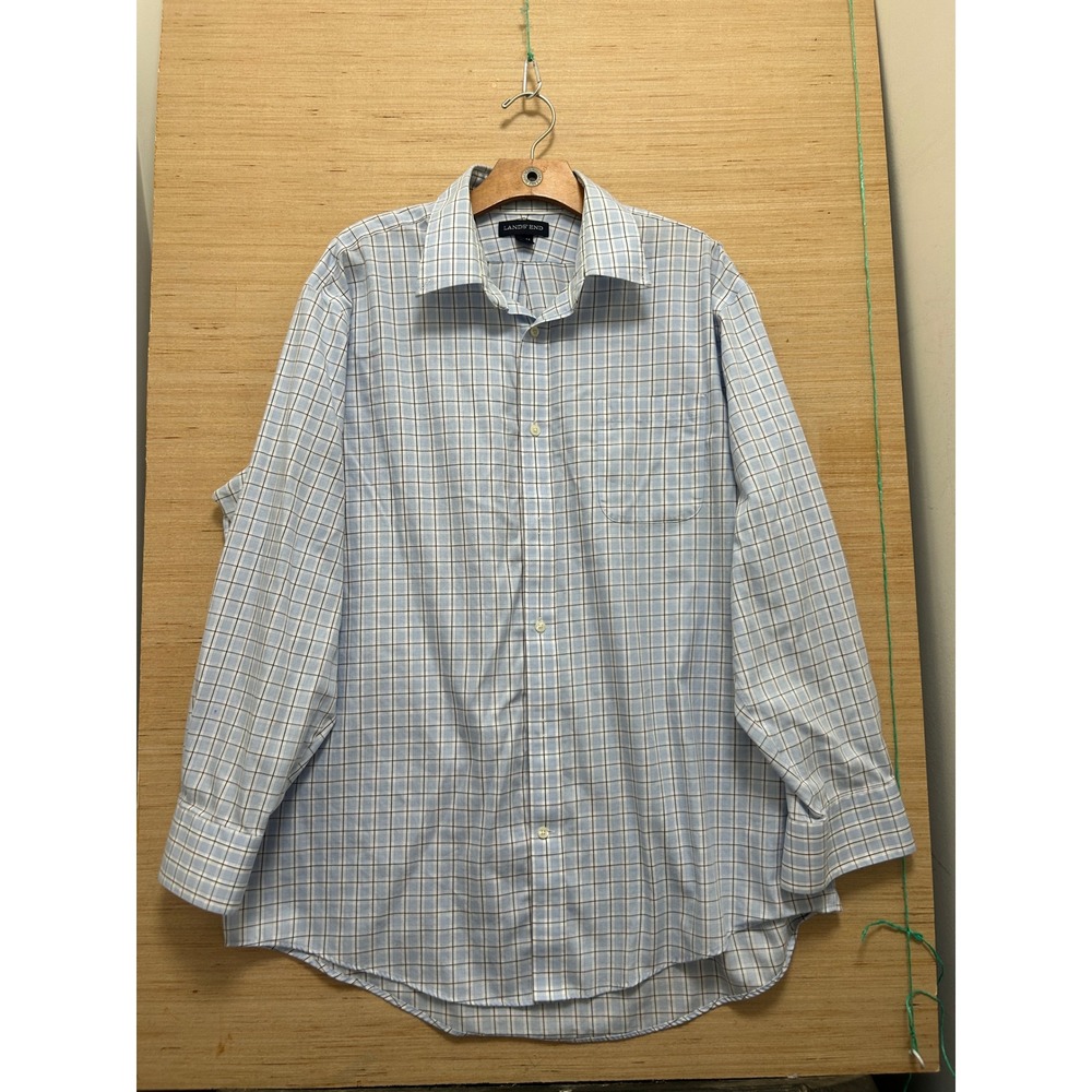 Lands End Mens‎ 17.5-34 Traditional Fit Blue White Check Button Down Shirt Long